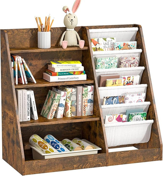 HedoAjim Kids Bookshelf for Bedroom Toddler Children Baby Bookcase 4-Tier for Nursery Book Toy Storage Organizer 5 Sling Book Display Shelf Book Rack Wood Classroom Playroom Rustic Brown