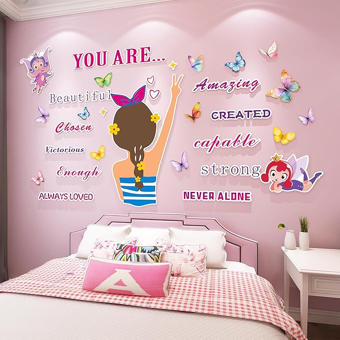 3D Inspirational Wall Stickers for Girls Room Decor Wall Decals Peel and Stick for Girls Bedroom Large Pink Decor for Nursery Toddler Princess Art Pictures Kids Murals Wallpaper