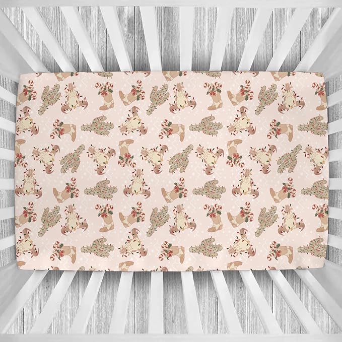Boho Western Christmas Cowboy Baby Crib Sheets Pastel Western Cowboy Boots Cow Skull Cactus Candy Cane Fitted Crib Mattress Cover Wild West Desert Toddler Baby Sheet for Standard Crib 28x52in