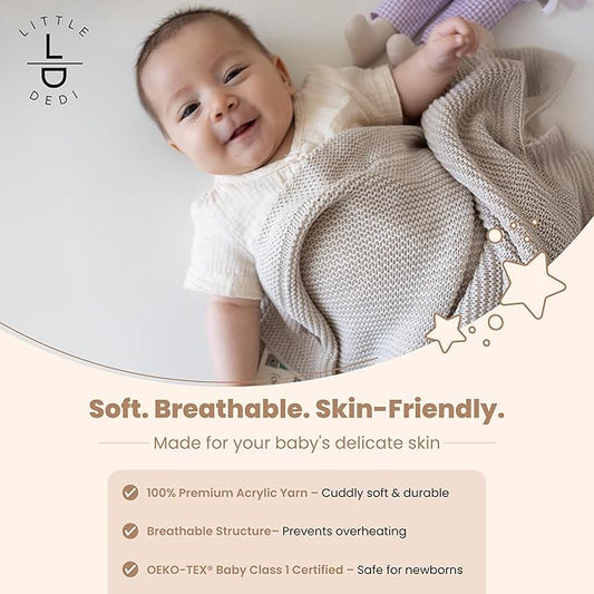 Soft Baby Knitted Blanket - Soft Toddler, Crib, Stroller Blanket - Neutral Swaddle and Receiving Blanket for Newborns, 31 x 39 in, Stone