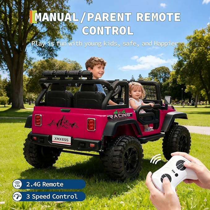 24V Ride on Car for Kids, 2 Seater Electric Truck with Parent Remote Control, Spring Suspension, 2 Speeds, LED Headlight & Music Player, Kids Electric Vehicle for Aged 3-8 Years, Pink