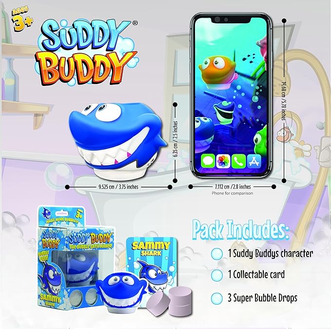 Suddy Buddy® Bubble Bath Toy, Kids Ages 3+, Boys and Girls, Safe & Clean, Collect All Four. Includes: 1 Character Bubble soap Dispenser, 1 Trading Card, and 3 Super Bubble Drops. Shark