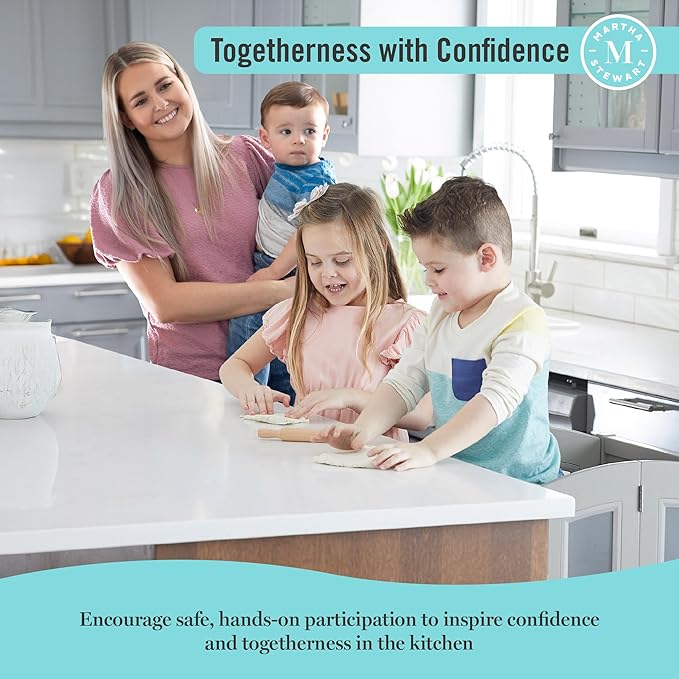 Martha Stewart Kitchen Helper Toddler Tower by Guidecraft - Linen White | Foldable Wooden Learning Toddler Standing Tower & Adjustable Step Stool | Montessori Kids Counter Height Kitchen Stool