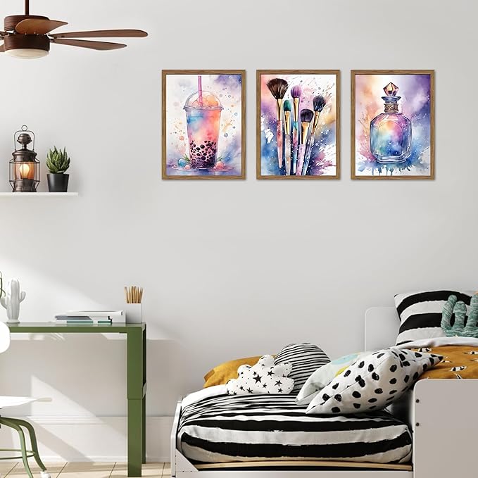 Framed Teen Girls Bedroom Wall Art Set of 3, Pink and Purple Splash Canvas Prints, Makeup Enthusiast Pictures Posters, Drinks Cosmetic Wall Decor for Teenage Girl Room Decor – 12x16 inch