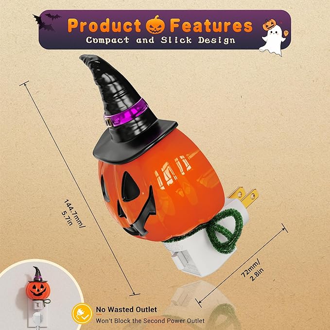 JandCase Halloween Night Light, 3000K Night Lights Plug into Wall,Cute & Funny Pumpkin Night Light for Kids,Plug in Pumpkin Nightlight with 360° Rotatable for Halloween Party Decor,1 Pack