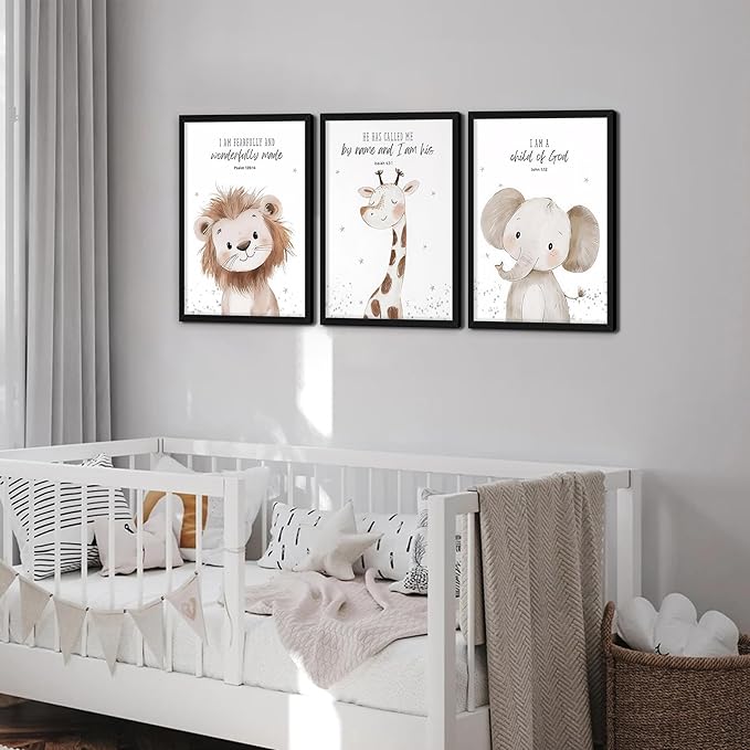 Nursery Wall Art, Kids Bible Verse Animal Canvas Wall Decor Paintings, Cute Safari Christian Pictures Posters Prints for Kids Boys and Girls Room Bedroom 12x16 Inch Wood Framed