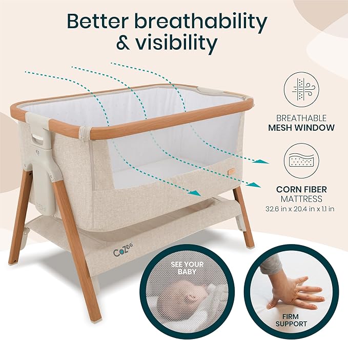 Tutti Bambini CoZee® 2-in-1 Baby Bassinet & Bedside Sleeper - Fast-Folding Bedside Bassinet, Baby Crib with 6 Mattress Heights & Breathable Mesh Window, Mattress Included, 0-6 Months (Walnut & Ecru)