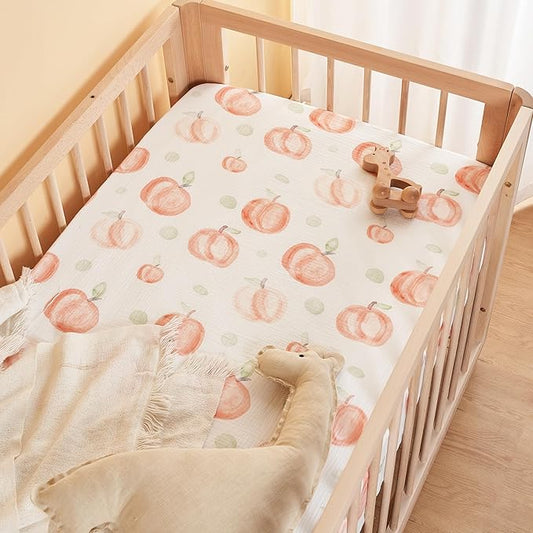 TILLYOU Muslin Crib Sheets for Boys and Girls 2 Pack, Neutral Soft Cotton Baby Crib Mattress Protector, for 52x 28 Toddler Bed, Peach dot & Light Green