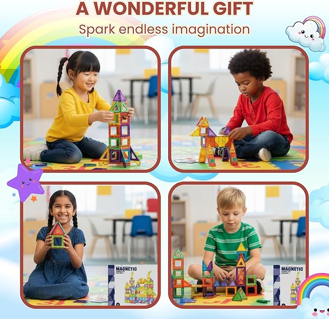 55-Piece Magnetic Tiles Set – Creative 3D STEM Building Toy for Kids