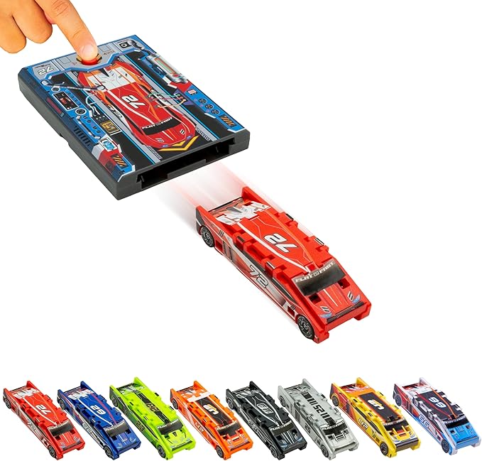 FLAT 2 FAST Original Stunt Card Racer – Flat Car Racer and Pocket Size Racecar Launcher with Built-in Button for Stunt Launching and Racing – Compact – Red