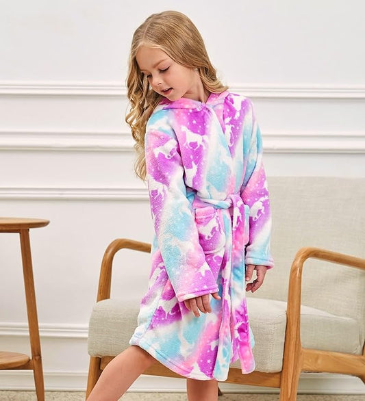 Soft Unicorn Hooded Robe with Matching Slippers Headband and Blindfold for Girls