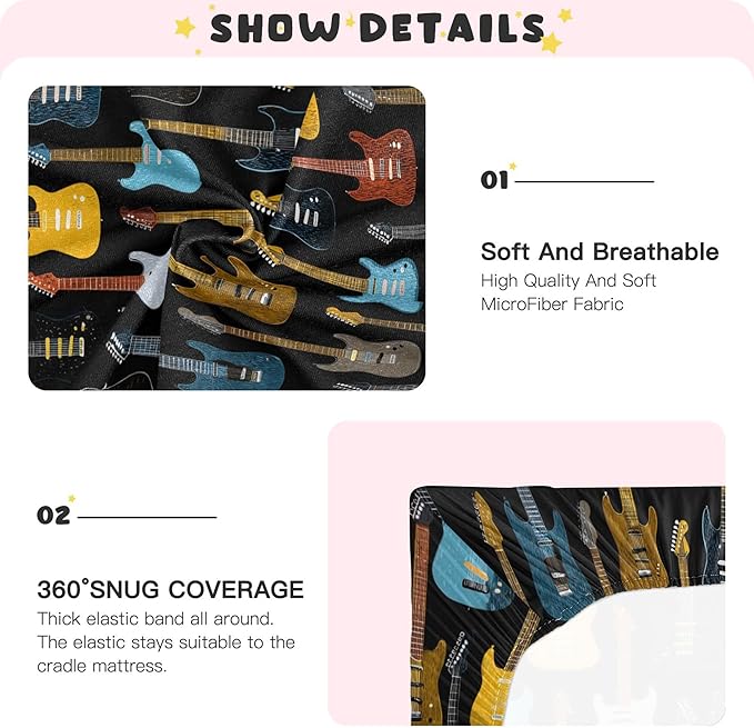 Colorful Music Guitars Crib Sheets Soft Breathable Fitted Baby Crib Sheets Mattress Cover for Girls Boys, 52" x 28" x 9"