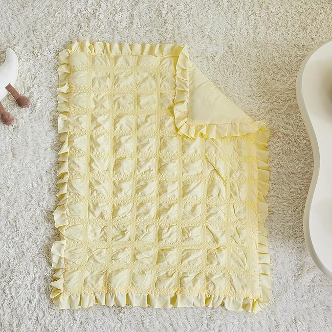 Ruffled Crib Bedding Set Baby Boho Quilted Comforter with Fitted Sheet and Bed Skirt - Cute Soft Breathable Seersucker Ruffled Shabby Chic Bedding Soft Blanket Design - Yellow
