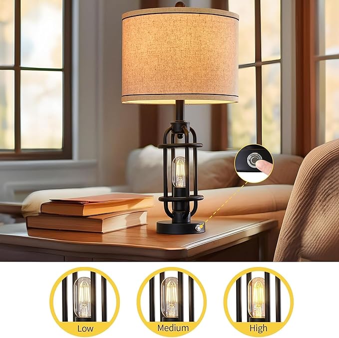 G-SAFAVA 23.75'' Industrial Black Metal Table Lamps Living Room Lamp for Nightstand Bedroom lamp Single Bedside End Side Table Lamps Home Decor Touch Lamp Modern Lamps with USB Ports, Bulbs Included