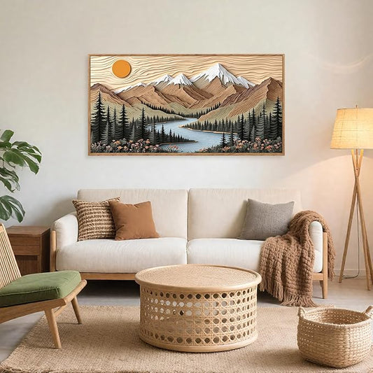 CHDITB Mountain Framed Wall Art, Long Horizontal Mountains Wall Decor, Sun Lake Pine Trees Nature Wall Painting, Modern Rustic Farmhouse Landscape Art Prints for Bedroom Office Decoration 20"x40"