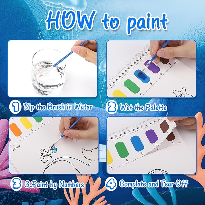 Paint with Water Coloring Books for Toddlers, Watercolor Painting Book and Drawing Art Paper for Kids Ages 3 4 5 6 7 8 Years Old, Ocean Animals Art Craft for Drawing with Brush