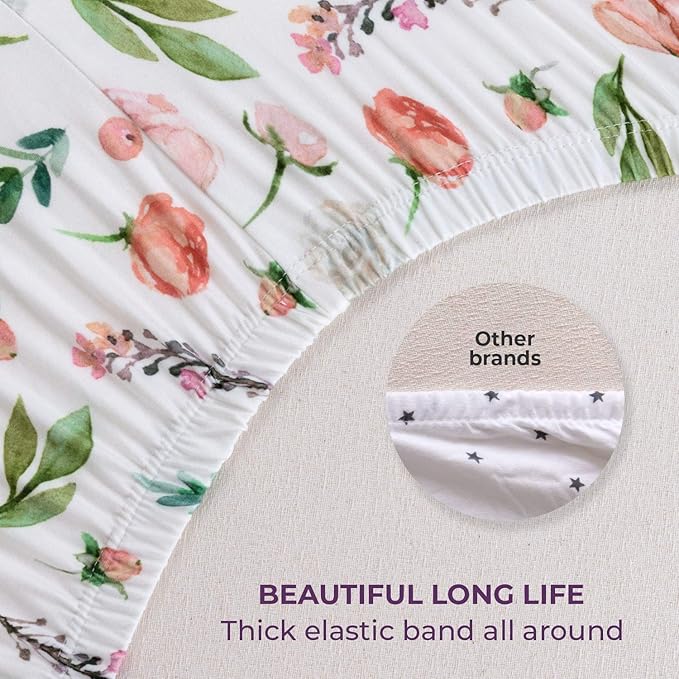 Pobibaby - 2 Pack Premium Pack N Play Sheets Fitted for Standard Pack and Plays and Mini Cribs - Ultra-Soft Cotton Blend, Stylish Floral Pattern, Safe and Snug for Baby (Allure)