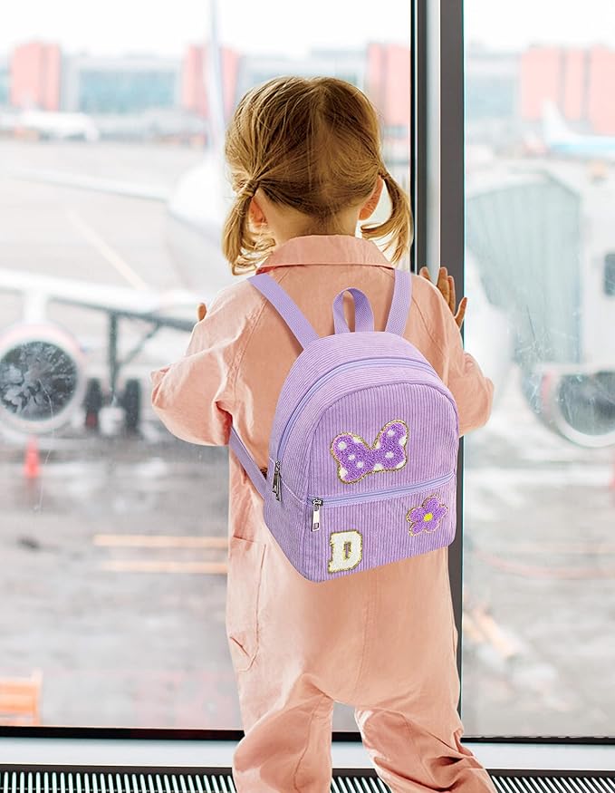 2 3 4 5 6 Year Old Girl Gifts Chenille Initial Mouse Bow Mini Backpack, Corduroy Toddler Backpacks Christmas Birthday Gifts for Girls 2-4 5-6, Purple Mini Diaper Bag Must Haves for Park Travel D