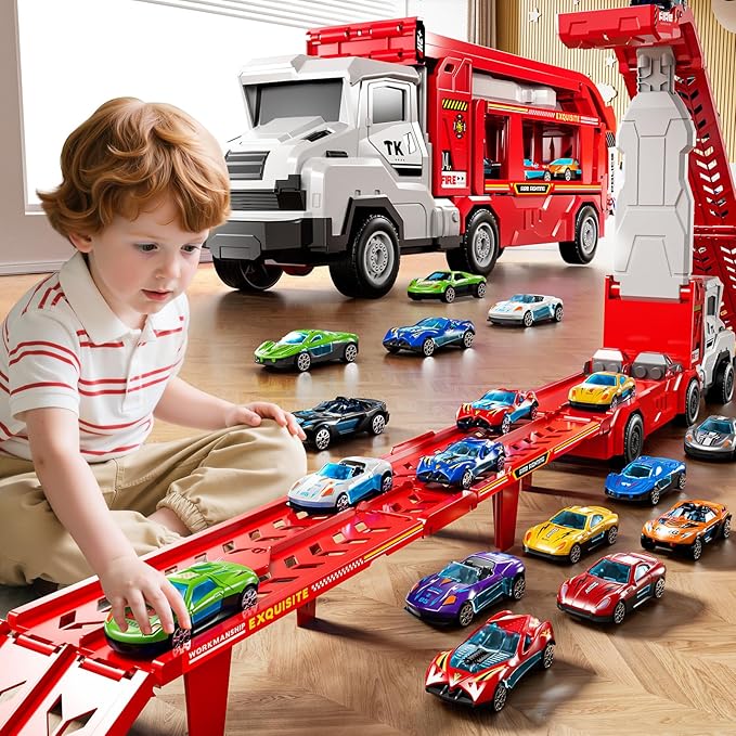 Toddler Car Truck Toys for 3 4 5 6 7 8 Years Old Boys, Transporter Truck Toy Track Set with 12 Die-Cast Car Toys, Toy Gifts for 3 4 5 6 Year Old Boys Kids