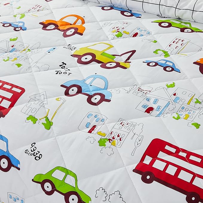 Brandream Kids Comforter Set Queen Full Size Cotton Boy Quilt Set 3-Piece Cars Trucks Bedding Set Lightweight Quilts
