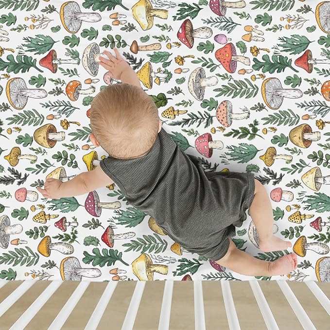 Colorful Mushrooms Green Leaves Baby Crib Sheets for Boy Girl 28"x52" Fall Mushroom Soft Stretchy Fitted Crib Mattress Cover Autumn Baby Sheet for Standard Crib & Toddler Mattress Pad