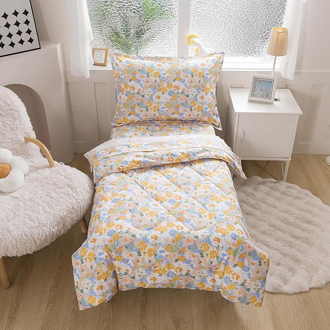 Caressma Twin Size 5 Pieces Comforter Set Bed-in-a-Bag,Soft Fabric Print Yellow Floral for Baby & Kids,Includes Flower Comforter, Fitted Sheet, Flat Sheet，Pillow Case & Pillow Shame for All Seasons