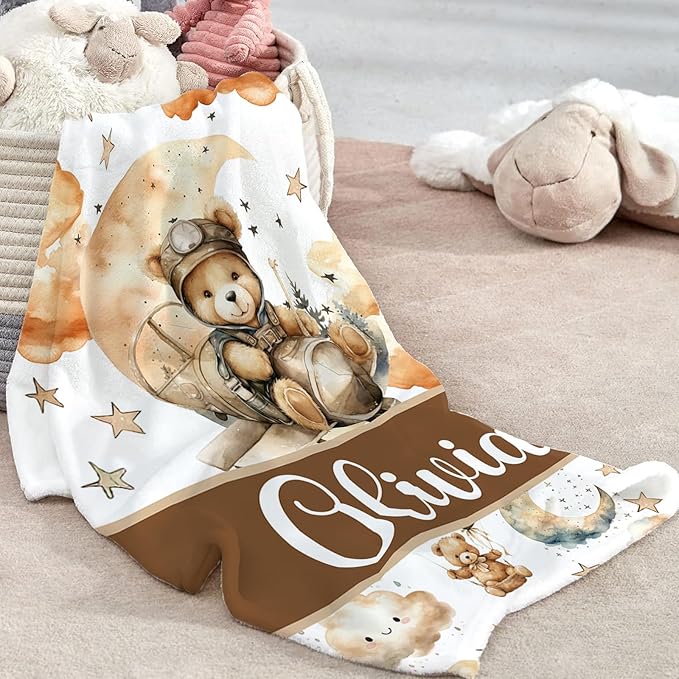 Custom Baby Crib Bedding Set, Personalized Name Balloon Bear Design Crib Set 3 Pcs, Soft Double Layer Blanket, Crib Sheet & Room Rug, Ideal Nursery Decor Gift for Baby Girls Boys