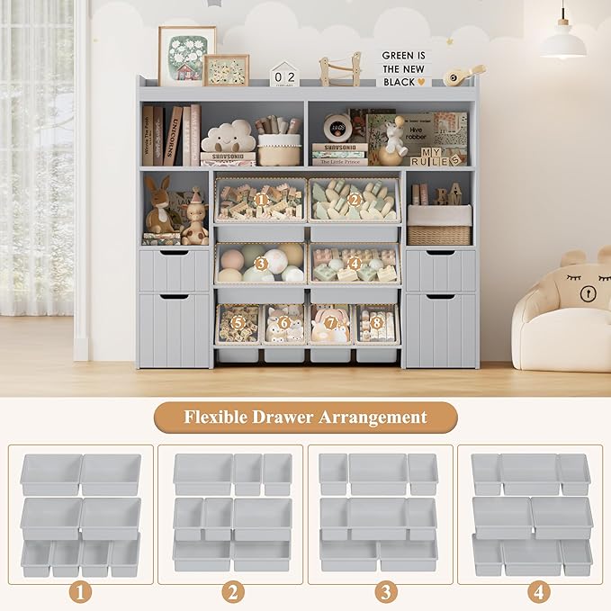 HORSTORS 55" W Toy Storage Organizer with Drawers, Large Kids Toy Storage Box with Removable Bins, Tall Kids Bookshelf and Bookcase for Boys and Girls, Modern Toy Chest for Playroom, Classroom, Grey