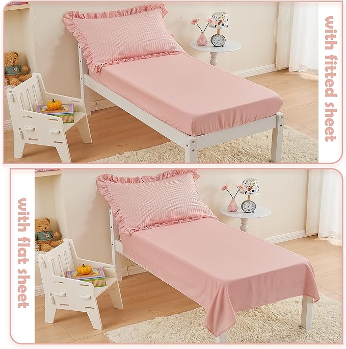 Cozyholy 4 Piece Textured Seersucker Toddler Bedding Set Girls Crib Sheets Set Pink Ruffle Baby Bed Comforter Set Lightweight Bed in a Bag | Include Comforter, Flat Sheet, Fitted Sheet, Pillowcase