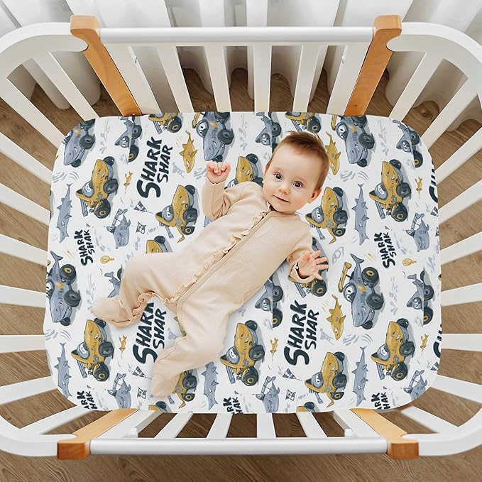 White Shark Race Cars Crib Sheets Standard Crib Toddler Mattresses Cover Fitted Baby Bed Sheet Breathable Crib Mattress Sheet for Girls Boys 52" x 28"x5''