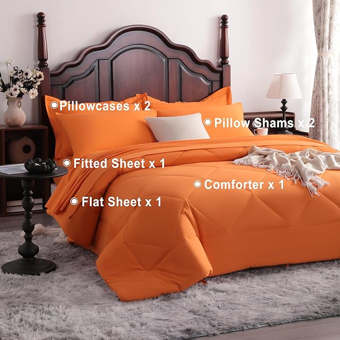 NTBAY Queen Comforter Set with Sheets, 7 Pieces Soft and Breathable Queen Bedding Set, Bed in a Bag, Down Alternative Comforter Set Solid Color All Season, Queen Bedding Set, Orange