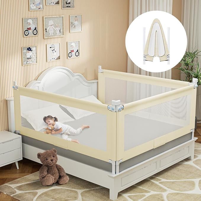 Bed Guard Rail for Toddlers - 1 Minute Quick Assembly & Double Side Lift with Safety Child Lock - Adjustable Height Baby Bed Rails for Queen King Full Size Bed(3 Packs, 78.74×78.74×74.8")
