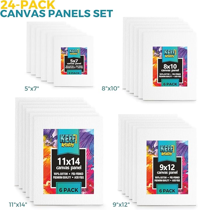 KEFF 24-Pack Canvas for Painting, 6 of 5x7, 8x10, 9x12,11x14 Painting Canvas Boards, Art Supplies for Adults & Kids - 100% Cotton Primed Canvases for Painting Acrylic, Oil, Watercolor, Tempera