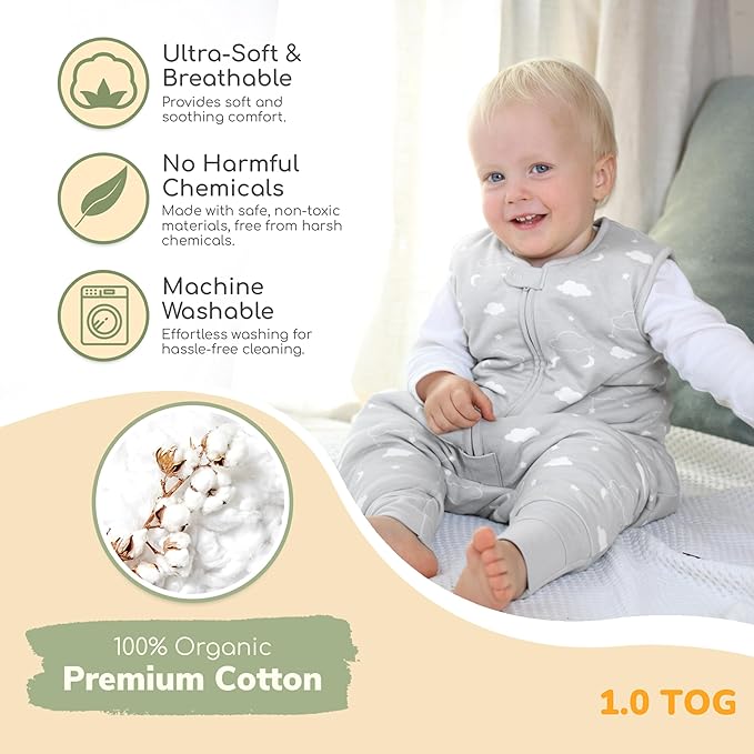 Mama Cheetah Toddler Sleep Sack with Feet, 1.0 TOG Organic Cotton Baby Wearable Blankets with Legs, Baby Sleeping Bag for Walkers, Early Walker 6-18 Month
