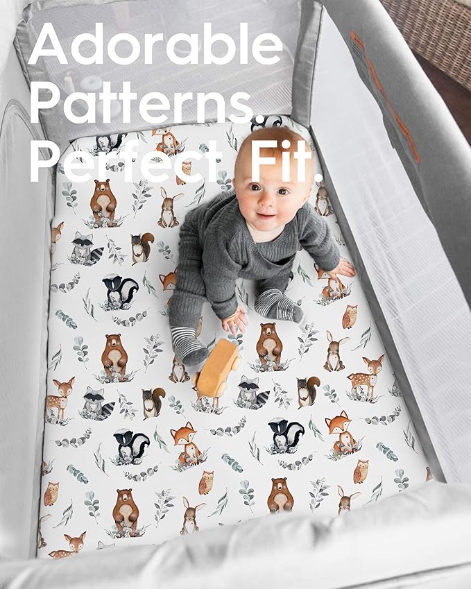 Pack N Play Sheets Fitted, TotBasic Ultra Soft Animal Mini Crib Sheets, Premium Jersey Knit Pack and Play Sheets Neutral, Stretchy Play Yard Sheets for Pack and Play Mattress, 2 Pack (Bear and Dear)