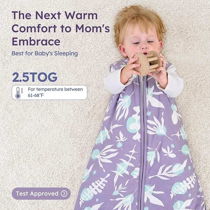 Baby Sleep Sack 0-6 Months TOG 2.5 Winter Baby Wearable Blanket, 100% Cotton Toddler Sleeping Sack with 2-Way Zipper Warm Soft Purple Leaf