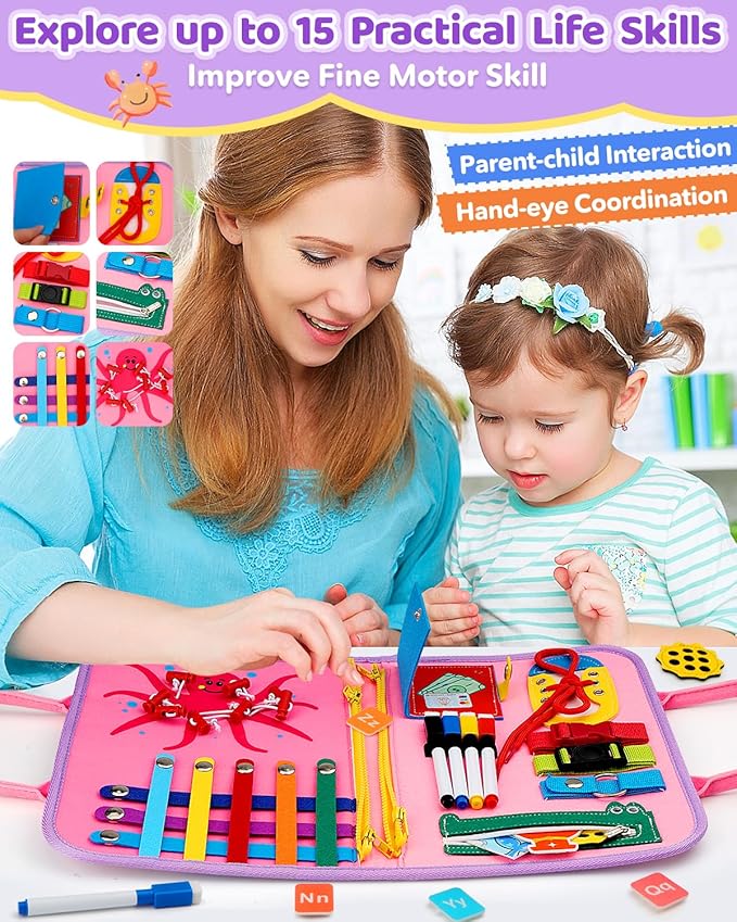 Toddler Busy Board, Montessori Toys for Toddler Girl Birthday Gifts, Learning Toys Sensory Busy Book Toys for Toddlers, Travel Educational Book for Airplane Car | Birthday Gift for Girls, Pink