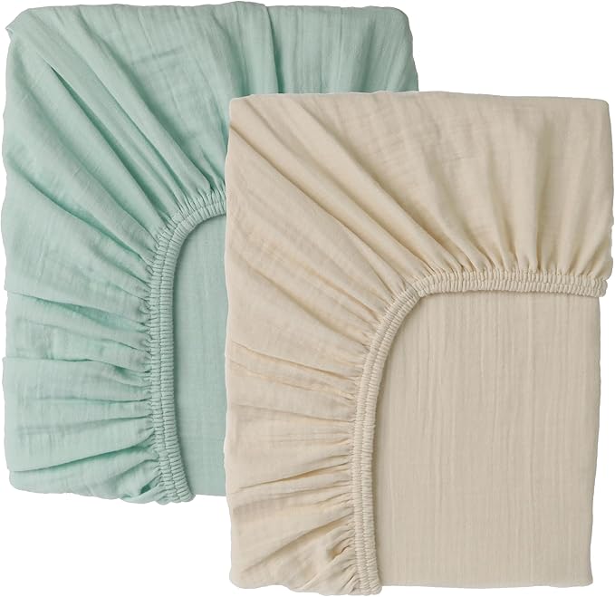 Muslin Baby Crib Sheets Fitted -Crib Sheets Neutral Turkish Cotton, Ultra Soft &Breathable -Organic Cotton Crib Sheets for Boys&Girls, GOTS&Oeko-TEX® Certified (52x28, Vanilla Ice Cream&Minty Green)