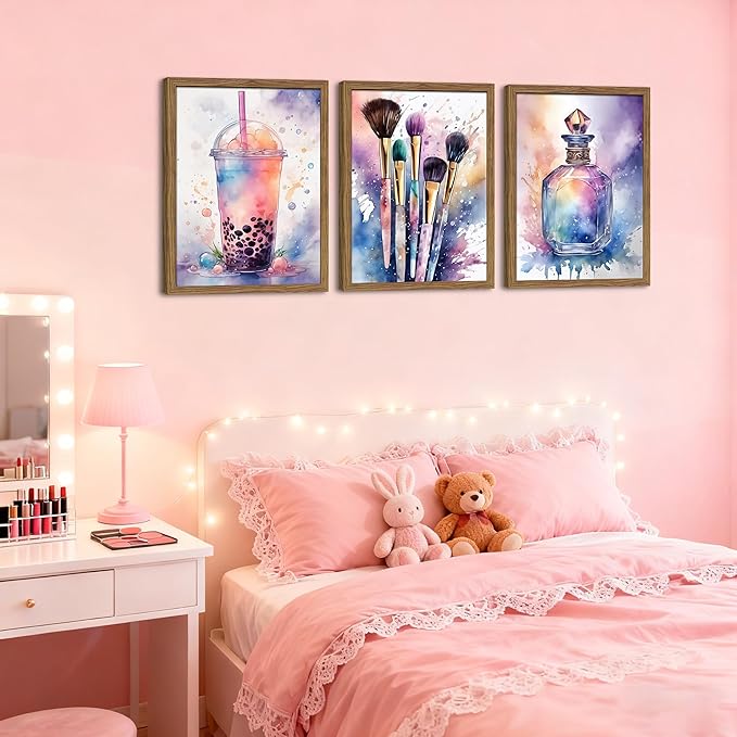 Framed Teen Girls Bedroom Wall Art Set of 3, Pink and Purple Splash Canvas Prints, Makeup Enthusiast Pictures Posters, Drinks Cosmetic Wall Decor for Teenage Girl Room Decor – 12x16 inch