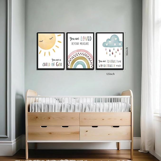 Kids Bible Verse Wall Art, Christian Scripture Wall Decor Paintings Set of 3, Nursery Rainbow Inspirational Posters Prints Pictures for Classroom Kids Room Baby Room Bedroom 12x16 Inch Wood Framed