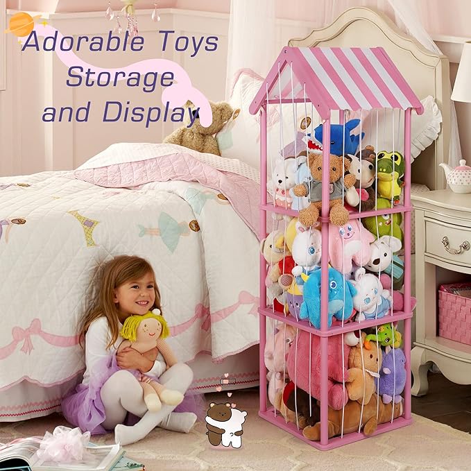 Edudif Stuffed Animal Storage, Space Saving Vertical Stuffed Animal Holder Wood, Easy Assembly Cottage-Style Plush Toys Organizer for Kids Bedroom & Playroom (Pink, Large)