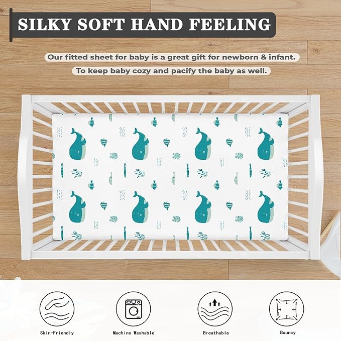 Blue Whale Anemons Fishes Seaweeds Waves Fitted Crib Sheet Blue Whale Baby Crib Sheet Fit Standard Crib and Toddler Mattress,Crib Mattress Sheets for Boys Girls 28"x52"