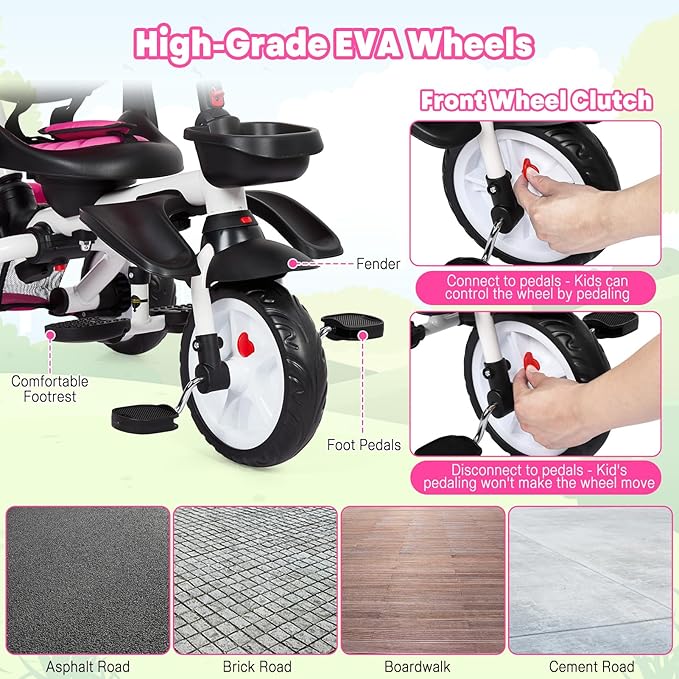 Baby Tricycle, 7 in 1 Folding Toddler Bike w/Removable Adjustable Push Handle, Canopy, Rotatable Seat, Safety Harness, Cup Holder & Storage, Trike for 1-5 Year Old (Pink)
