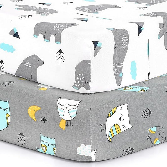 Pack n Play Sheets, BROLEX 2 Pack Mini Crib Sheets,Stretchy Portable Fitted Playard Sheet Set, Convertible Playard Mattress Cover,Ultra Soft Breathable Material,Owl & Bear