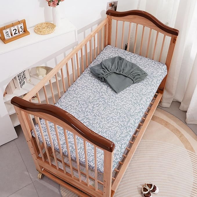 Muslin Crib Sheets–100% Organic Cotton Baby Sheets for Boys & Girls,2 Pack Muslin Mini Crib Sheets for Toddler Mattress,Breathable Crib Mattress Sheets 28''x52''(Leaf)