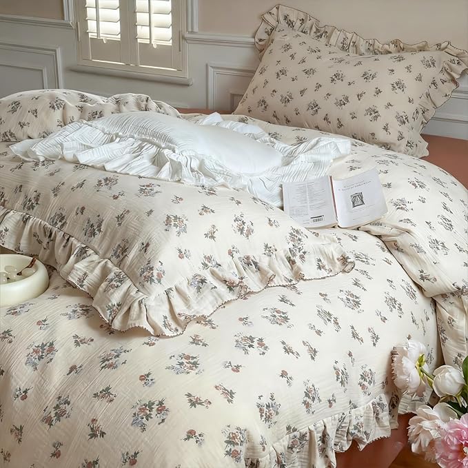 BuLuTu Chic Shabby Vintage Floral Duvet Cover Twin for Kids Girls Boys 100% Cotton Muslin Ruffled Quilt Cover Twin Comforter, 68"x86", Soft Breathable, Zipper Closure, No Pillowcase