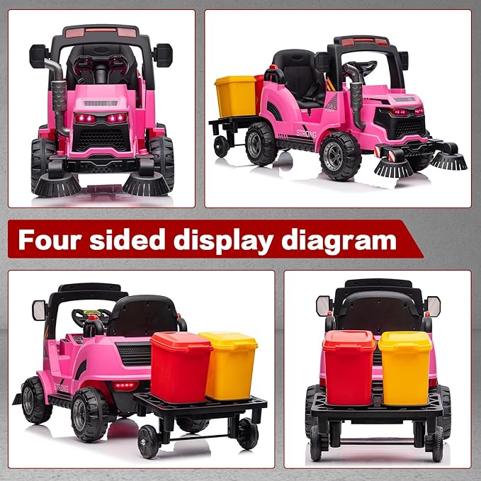 MOLACHI 12V Ride On Street Sweeper Truck, Ride on Car w/Remote Control,Electric 360 Degree Rotating Sweeping Brooms, Ideal Gift for Kids 3-7 Years Old, Pink