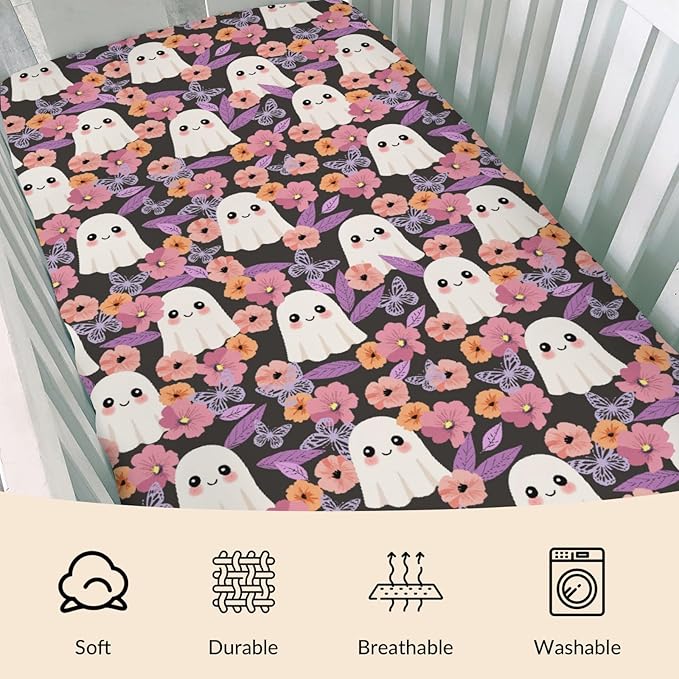Halloween Spooky Boho Floral Baby Crib Sheets Cute Spooky Retro Flowers Autumn Soft Baby Sheets Fall Holiday Fitted Crib Mattress Cover for Standard Crib Mattress 52"x28"