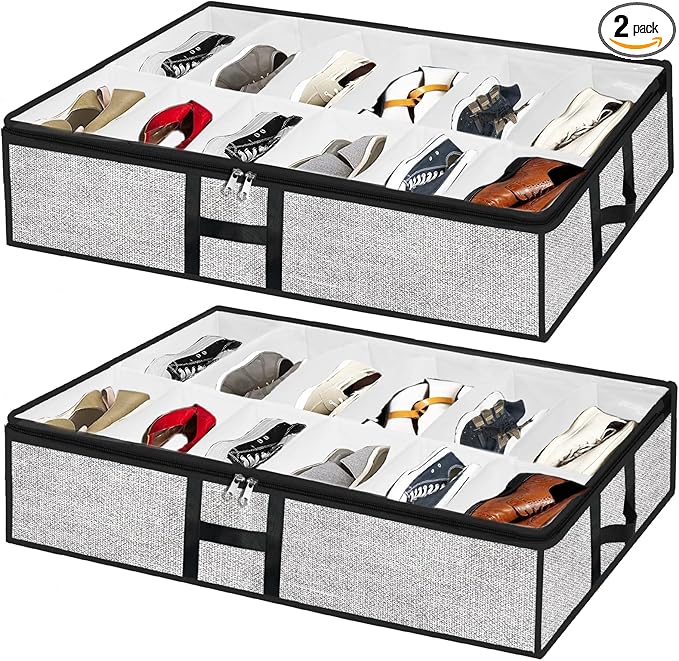 Meerainy Under Bed Shoe Storage Organizer for Closet 2 Pack- Fits 24 Pairs Underbed Shoes Container Boxes, Light Grey