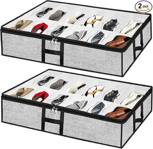 Meerainy Under Bed Shoe Storage Organizer for Closet 2 Pack- Fits 24 Pairs Underbed Shoes Container Boxes, Light Grey